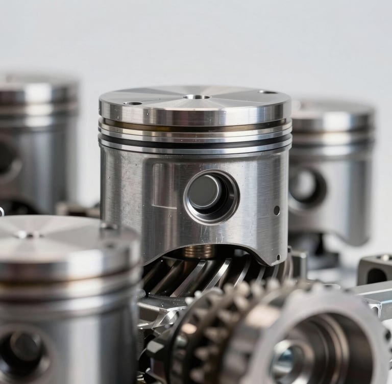 Macro close-up of heavy-duty truck engine pistons and gears, perfectly lubricated, sharp focus on metallic textures, clean workshop background, 85mm lens.