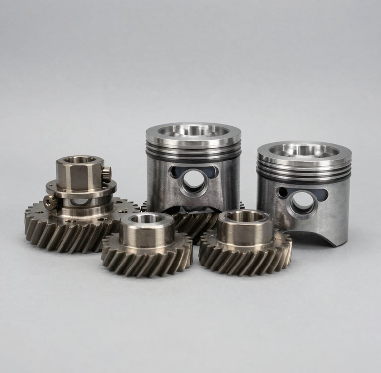 Crisp product photography of metallic engine gears and pistons arranged on a clean, neutral gray workshop counter, technical studio lighting, sharp focus
