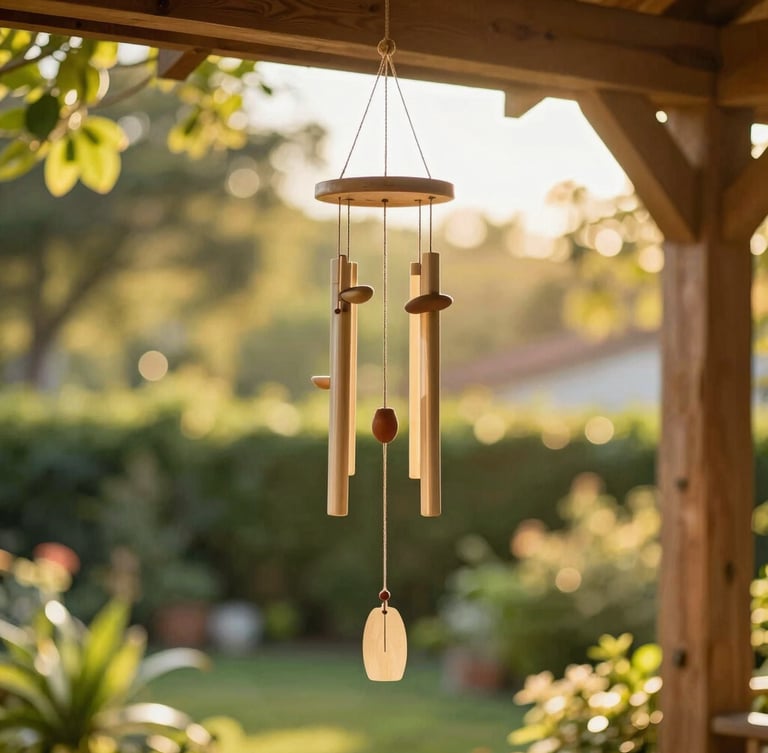 A beautiful Lunsera wind chime hanging from a rustic wooden porch ceiling, swaying gently. Warm golden hour sunlight filtering through lush garden greenery in the background, creating soft bokeh effect, 50mm lens.