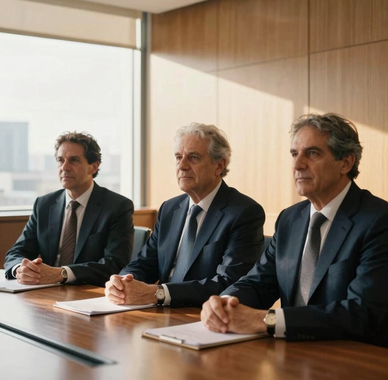 Warm editorial corporate portrait of senior financial advisors in a high-end, sunlit boardroom in São Paulo, natural side-lighting, professional and serious atmosphere, 35mm