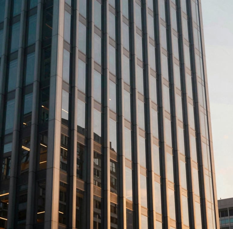 Architectural crop of a modern financial district skyscraper facade, clean steel and glass lines reflecting soft daylight, professional corporate atmosphere, 35mm.