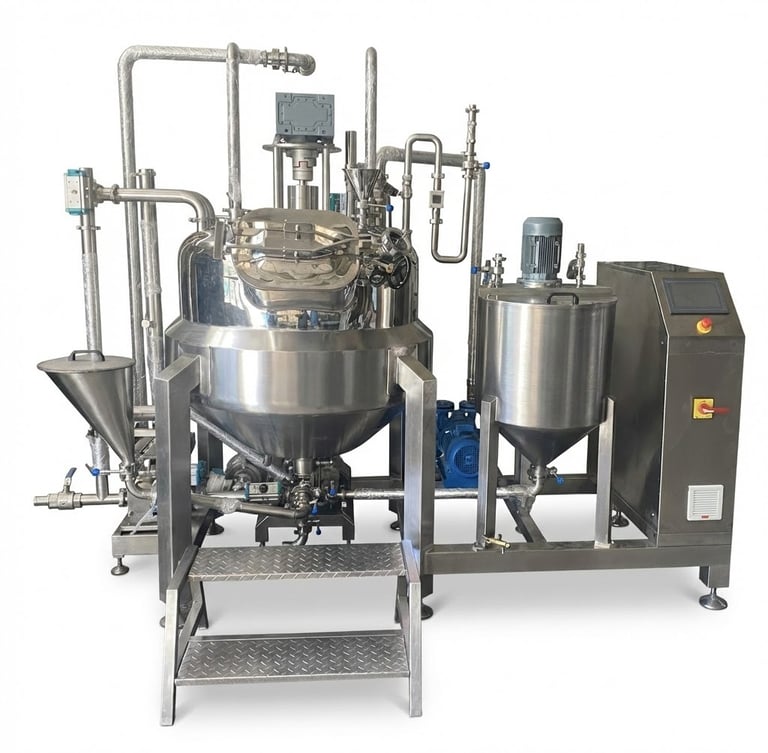 Industrial stainless steel vacuum emulsifying mixer machine for chemical and cosmetic processing.