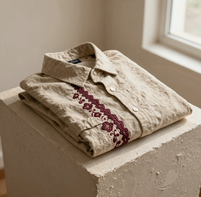 A folded beige embroidered linen shirt resting on a textured plaster block, warm directional light from the side, soft editorial aesthetic.