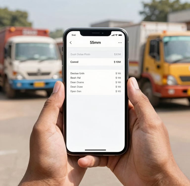 Crisp mobile app photography, close-up of hands holding a smartphone displaying a digital lorry receipt with clean tables, bright daylight in an Indian transport yard, sharp focus, 35mm