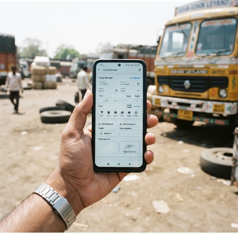 A close-up of a hand holding a modern smartphone showing a clean digital lorry receipt interface, bright daylight, realistic Indian transport yard with a yellow truck parked in the background, sharp focus, 35mm