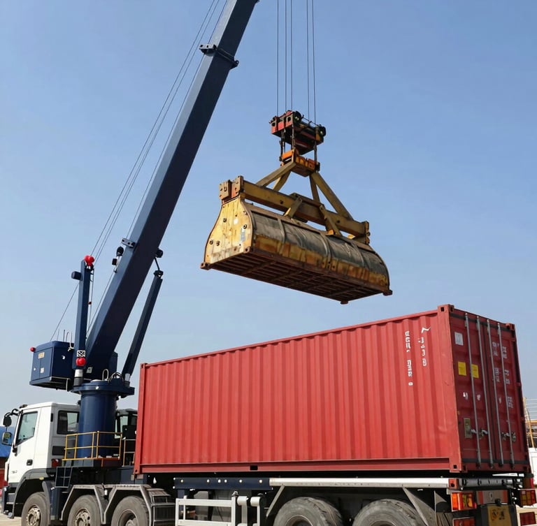 Industrial commercial photography, low-angle shot of a heavy crane truck unloading a red shipping container on a construction site, bright clear daylight, sharp focus, 35mm