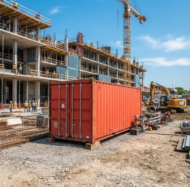 Un conteneur maritime rouge vif posé sur un chantier de construction moderne, ciel bleu clair, lumière du jour éclatante, cadrage dynamique grand angle, photographie industrielle de précision