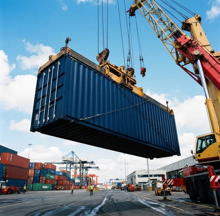 Low-angle dynamic shot of a pristine navy blue shipping container suspended from a crane truck, bright clear daylight, industrial site background, sharp focus