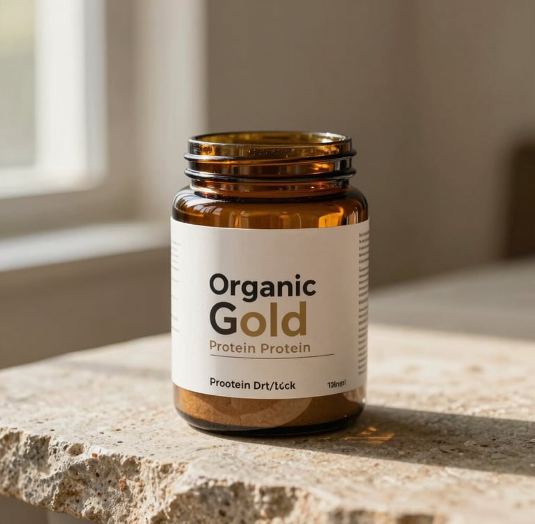 An elegant amber glass jar of Organic Gold protein powder standing on a rough-hewn stone surface, warm diffused sunlight casting soft shadows