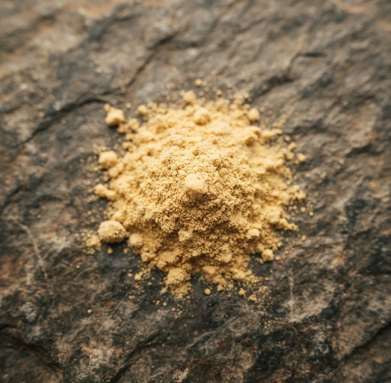 Macro overhead shot of fine golden organic protein powder on a textured stone surface, warm diffused golden-hour window light, shallow depth of field