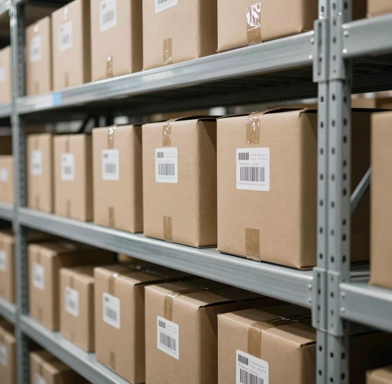 Close-up of organized metal storage shelves inside a secure warehouse, neatly labeled parcels with barcode stickers, bright and clean environment