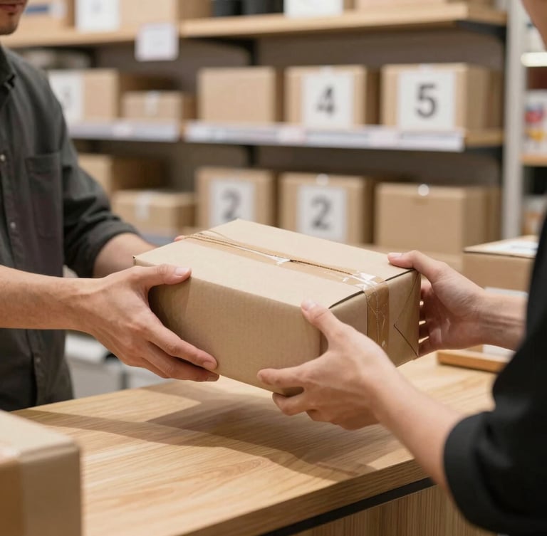 Medium shot of hands exchanging a neatly wrapped cardboard package over a clean wooden counter in a bright, modern storefront, organized shelves with clear numbering in the background, high-contrast natural daylight.