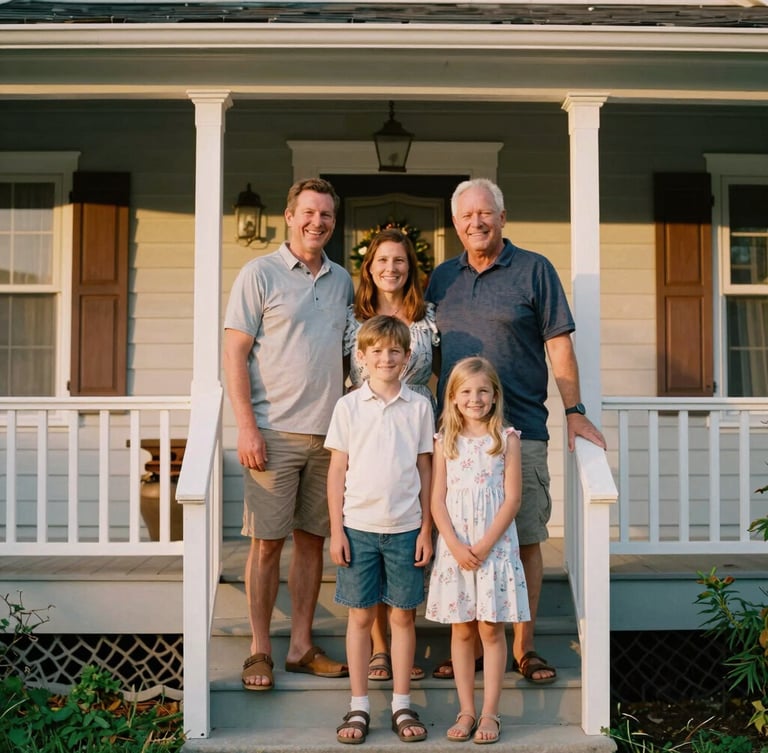 A warm environmental portrait of a smiling local family standing together on the front steps of their home in Ohio, soft golden-hour natural light, shallow depth of field, 35mm film look