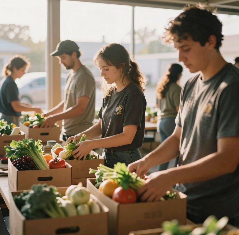 A warm medium shot of volunteers packing fresh produce boxes in a sunlit Columbus community center, golden-hour natural light, 35mm film look.