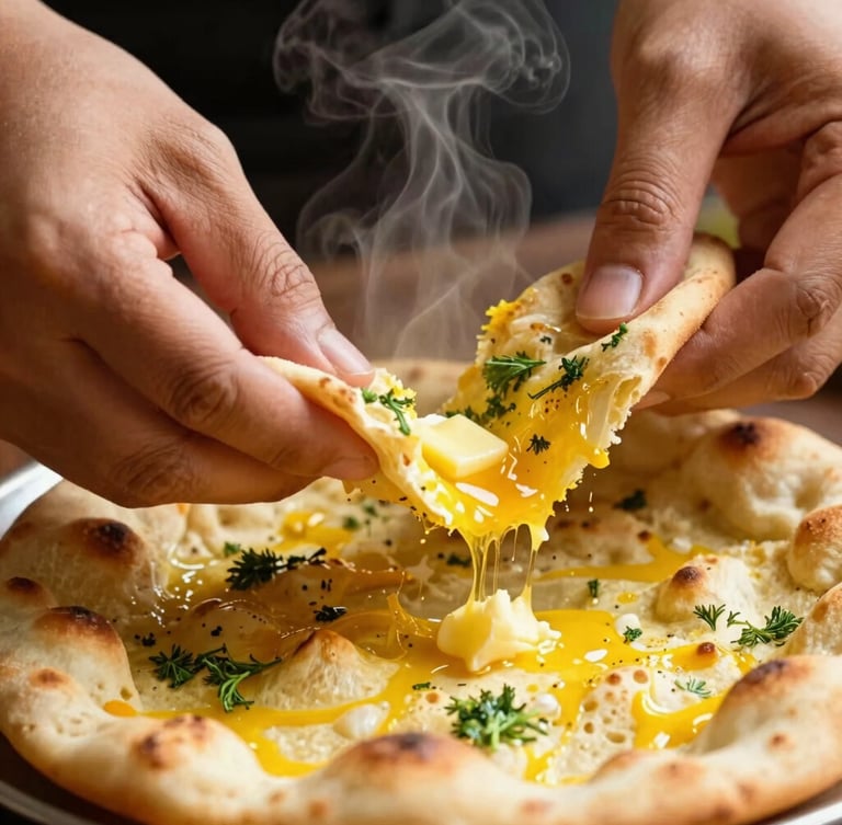 Close-up of hands tearing fresh garlic naan, steam rising, glistening butter, macro food photography, warm lighting, shallow depth of field