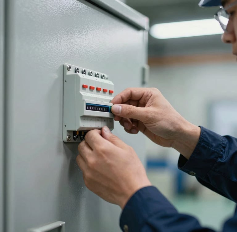 Close-up macro shot of a plant engineer's hands adjusting an electrical control panel, crisp industrial lighting, steel gray and deep navy tones, high contrast