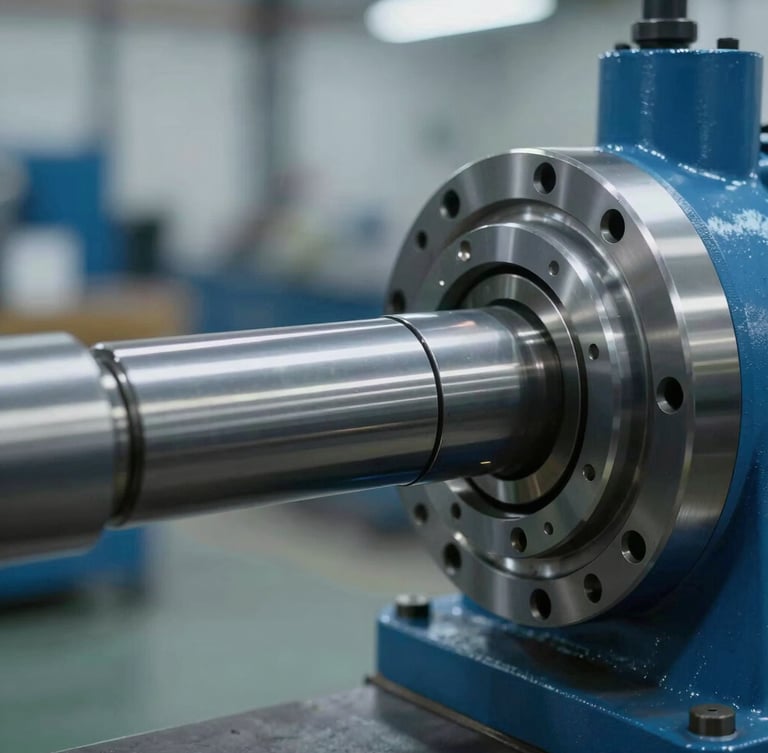 Macro photograph of a heavy-duty industrial turbine shaft being calibrated by a precision tool, dramatic side lighting, steel blue tones, sharp focus, 35mm.