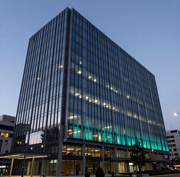 Wide-angle architectural photograph of a modern glass corporate headquarters in Santiago at twilight, cool-toned lighting with sharp shadows and electric cyan highlights, 35mm