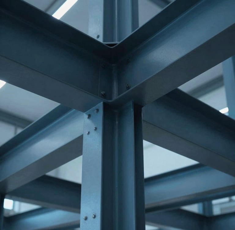 Macro detail of abstract structural steel geometry and clean architectural lines under cool blue industrial lighting, sharp focus, 35mm