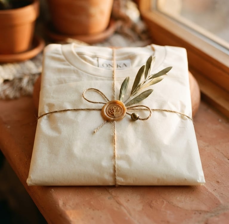 Close-up of a beautifully packaged ONIKA t-shirt, wrapped in tissue paper with a small devotional detail, soft golden-hour window light, rich cream and terracotta tones, shallow depth of field, 35mm