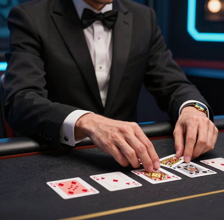 Close-up of a professional live dealer in a dark luxury studio with cyan neon accents, dealing cards on a sleek black table, portrait aspect