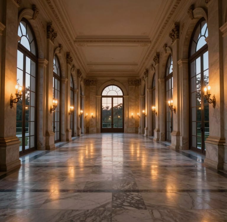 Symmetrical wide-angle shot of an empty, majestic palace corridor at dusk, warm candlelight reflecting on polished marble floors, dramatic natural light fading through high arched windows.