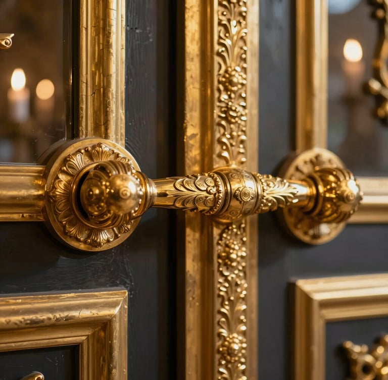 Extreme close-up of a hand-carved gilded door handle on a massive palace door, warm candlelight reflecting off the intricate gold leaf, dark background