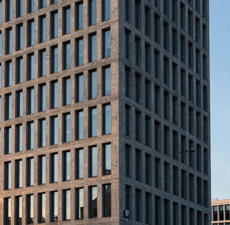 Cinematic architectural photograph of a modern European financial headquarters, sharp concrete lines, dramatic morning window light, 35mm lens