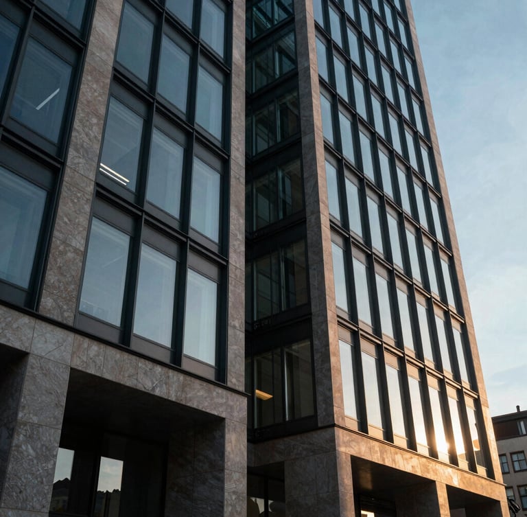 Low-angle cinematic architectural shot of a modern glass and concrete financial building in Budapest, dramatic golden-hour window light reflecting off sharp steel structures, 35mm lens