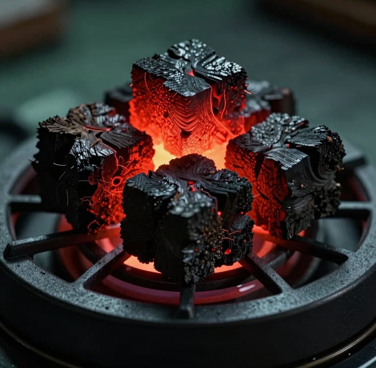 Extreme close-up macro shot of glowing red-hot coconut charcoal cubes resting on a sleek matte black burner, dramatic low-key side-lighting with a cool dark-green ambient undertone, showcasing rich textures and high contrast.