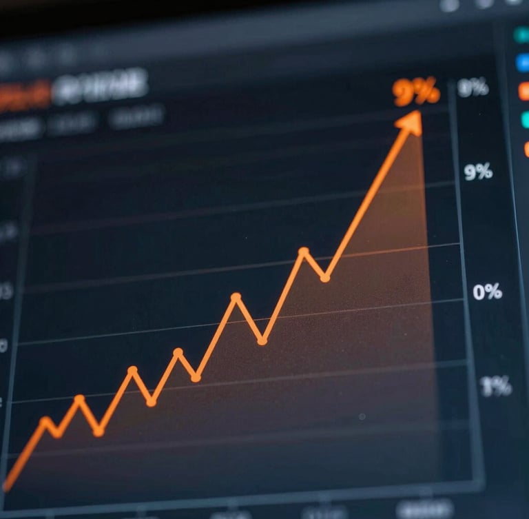 Dynamic macro photography of a dark analytics interface displaying sharp orange line graphs and rising percentage metrics, moody studio lighting, sharp focus, portrait aspect.