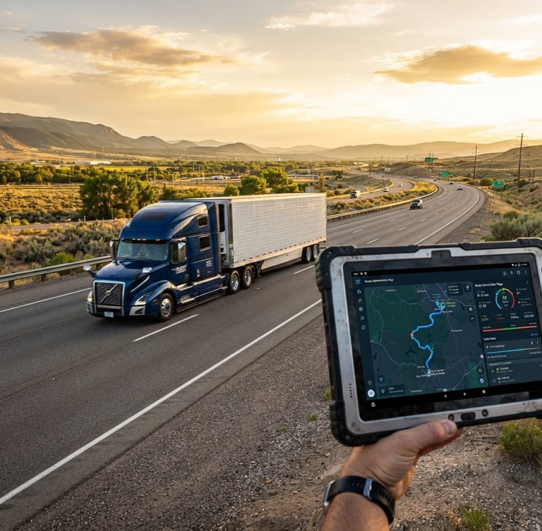 Wide shot of a modern semi-truck on a clear highway at golden hour, high-contrast, professional freight fleet, with a dispatcher's tablet showing route optimization in the foreground, right-third placement.