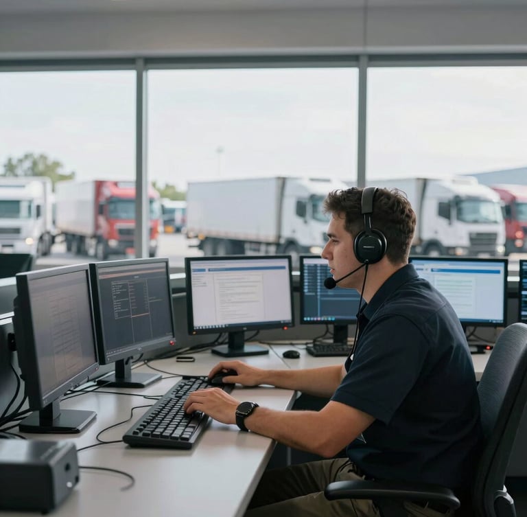 Medium shot of a professional dispatcher at a modern control desk, focused on multiple monitors, crisp industrial photography, bright daylight, high-contrast realistic tones, professional freight fleet
