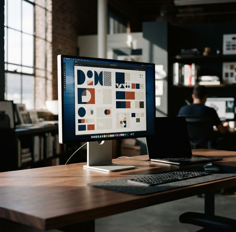 Sharp editorial photography, high-contrast natural light, deep shadows, a high-fidelity digital mockup of a brand identity system displayed on a premium physical monitor, clean minimalist workspace, 35mm