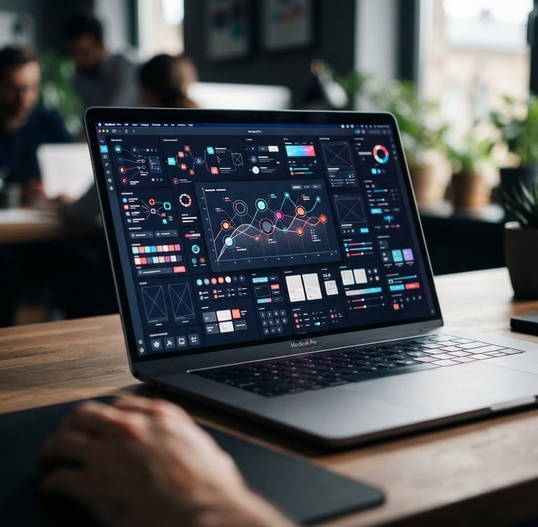 Macro shot of a high-fidelity digital mockup on a physical screen, sharp editorial photography, high-contrast natural light, deep shadows, professional creative agency, 35mm