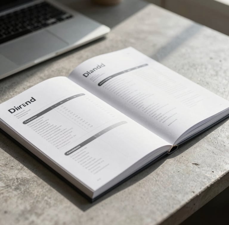 Macro shot of a physical brand guidelines book on a heavy concrete desk, sharp direct natural light, deep shadows, professional editorial style.