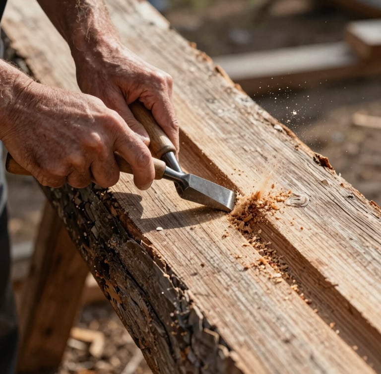 Close-up of hands holding a traditional wood chisel, carving a deep groove into a massive weathered slab of Wyoming timber, sawdust suspended in sharp morning side-light.