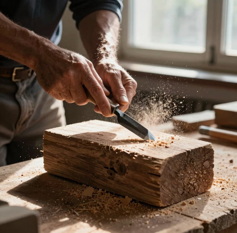 A craftsman's hands using a traditional chisel on a heavy block of weathered wood, sawdust caught in a dramatic shaft of morning window light, high contrast.
