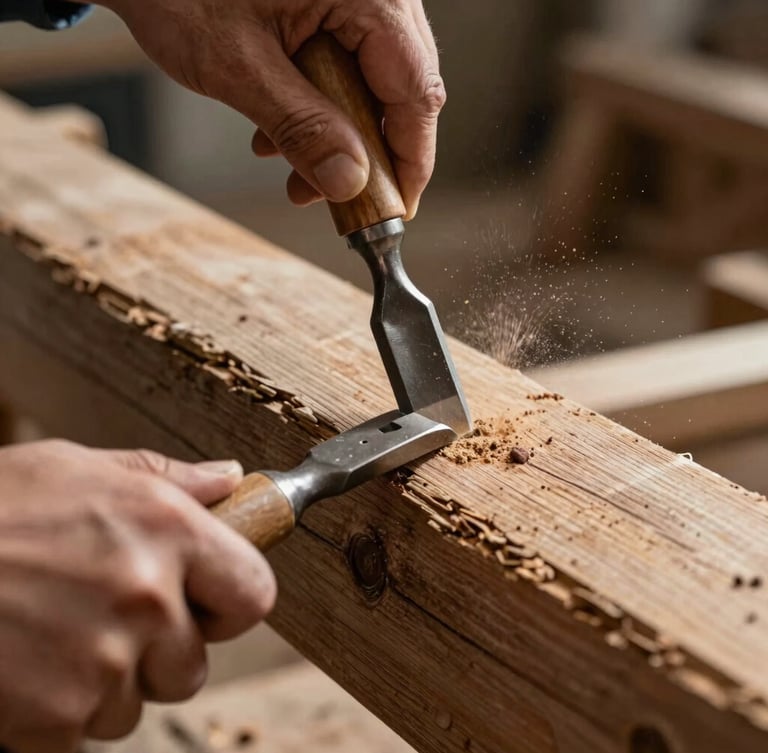 Close-up of hands holding a traditional steel chisel, carving a joint in a massive weathered wood beam, wood dust in the air.