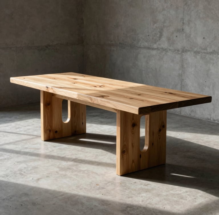 A massive hand-hewn white oak dining table in a minimalist concrete room, natural side-light casting long shadows.