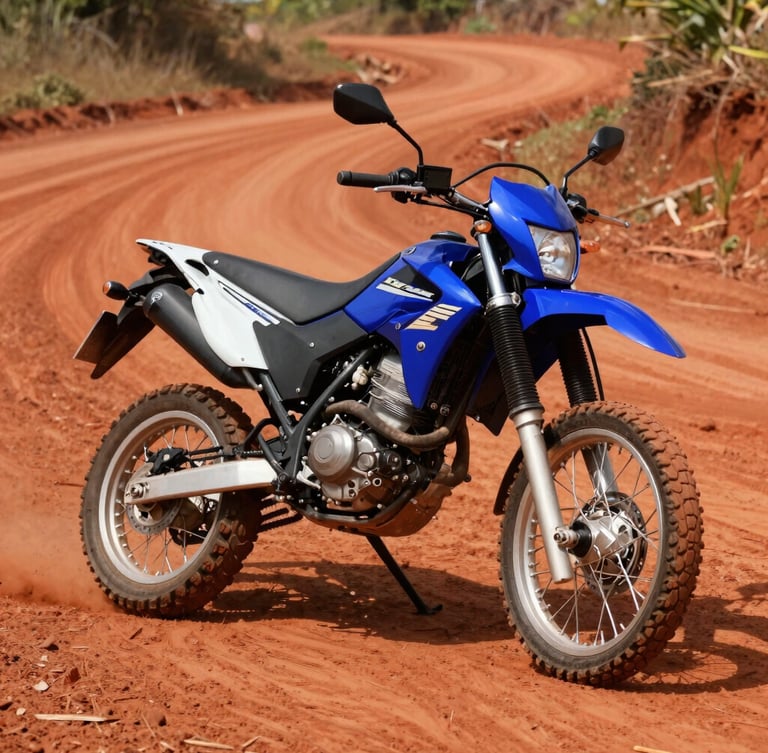 Dynamic low-angle shot of a blue Yamaha XTZ motorcycle parked on a red dirt road in Guaviare, bright daylight, high contrast, 35mm lens