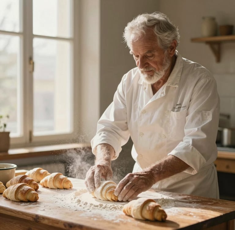 A senior male baker in a white chef coat dusting flour over fresh croissants on a wooden table.