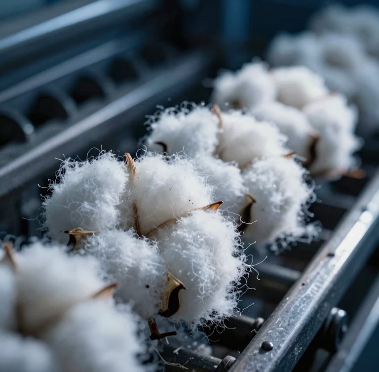 Macro photography of raw long-staple cotton fibers being aligned in an industrial ginning machine, dramatic side-lighting, deep indigo tones, sharp focus.