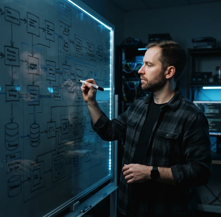Moody technical photography of a system architect drawing clean data pipelines on a whiteboard, cool low-key studio lighting with sharp electric blue accent lights, 35mm lens, sharp focus