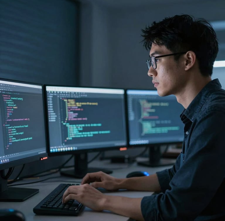 Close-up portrait of an engineer analyzing code on multiple monitors in a dark room, cool low-key lighting with sharp white and blue accent lights, 35mm lens.