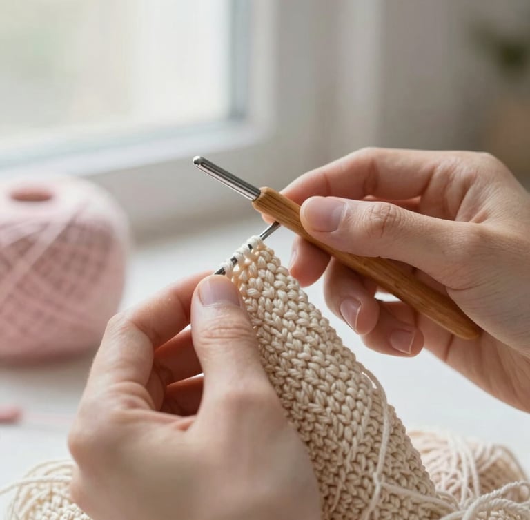 Close-up of hands holding a wooden crochet hook and warm beige cotton yarn, intricate stitches visible, soft morning light, shallow depth of field