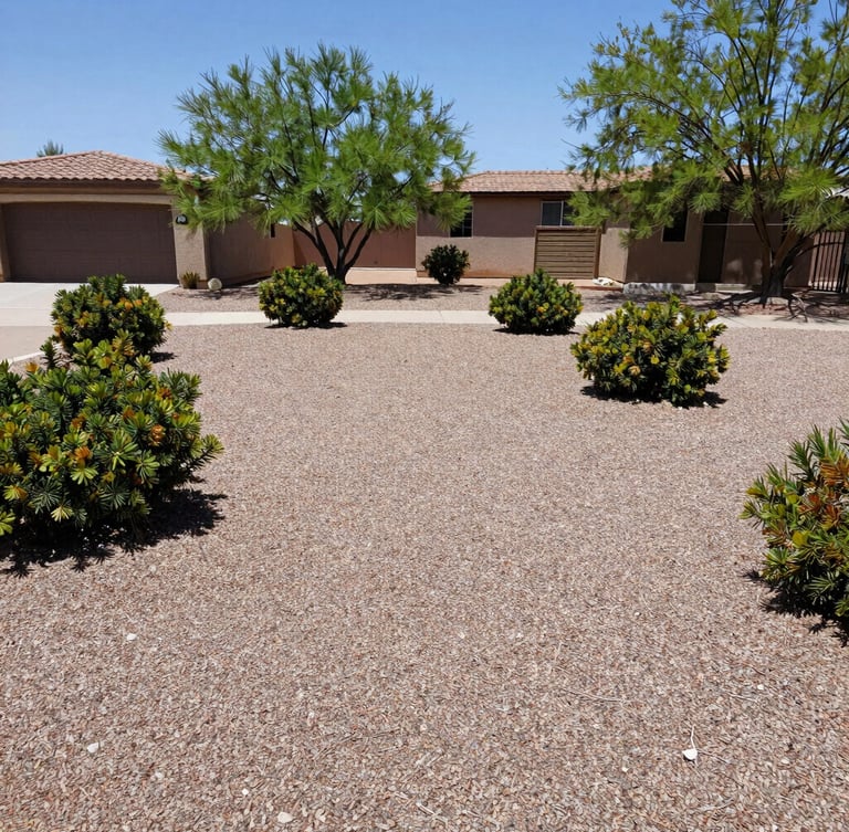 Wide-angle outdoor shot of a perfectly cleared Albuquerque residential yard with clean gravel and trimmed desert bushes under bright New Mexico sun