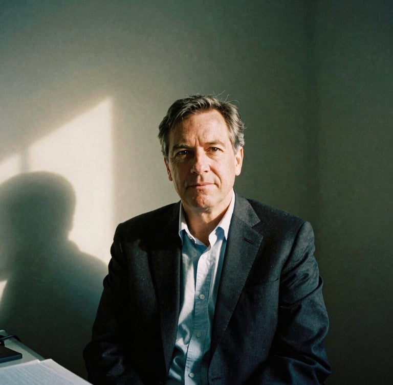 Thoughtful portrait of a seasoned corporate veteran, mid-career, with natural side-lighting, deep shadows, in a quiet office corner, 35mm film grain.