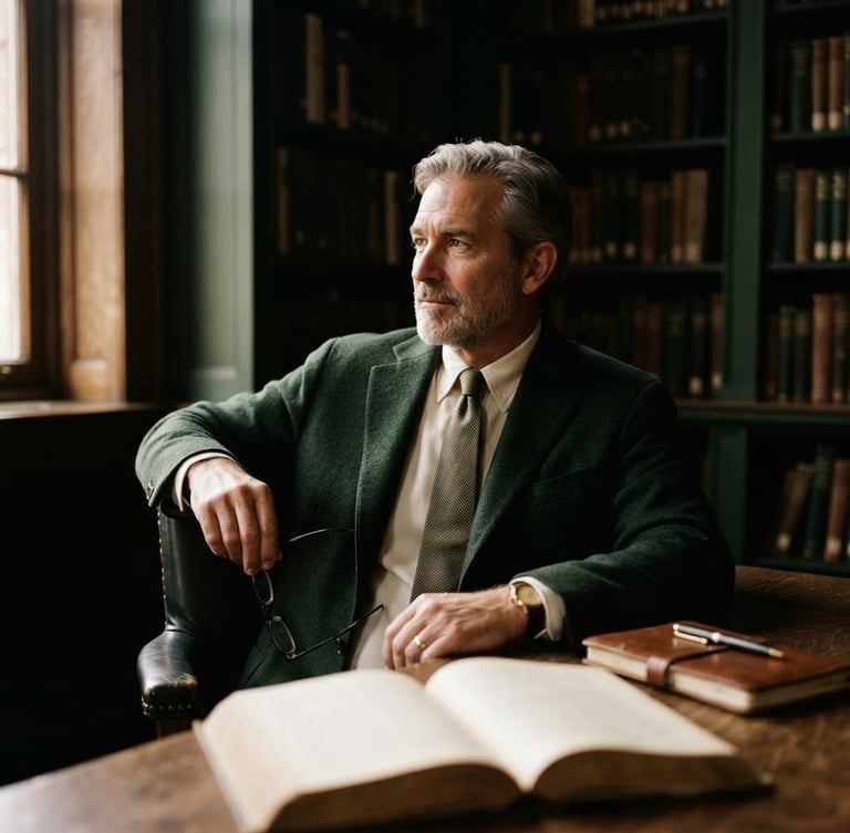 Thoughtful portrait of a seasoned corporate veteran, mid-shot, in a shadowed library corner, warm natural side-lighting, deep forest green and cream tones, 35mm film grain, looking into the middle distance, open book pages blurred in foreground.