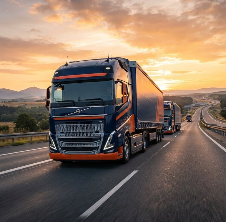 Low-angle heroic shot of modern heavy-duty transport trucks on a highway at golden hour, clean metallic surfaces with deep navy and safety orange accents, 35mm lens.